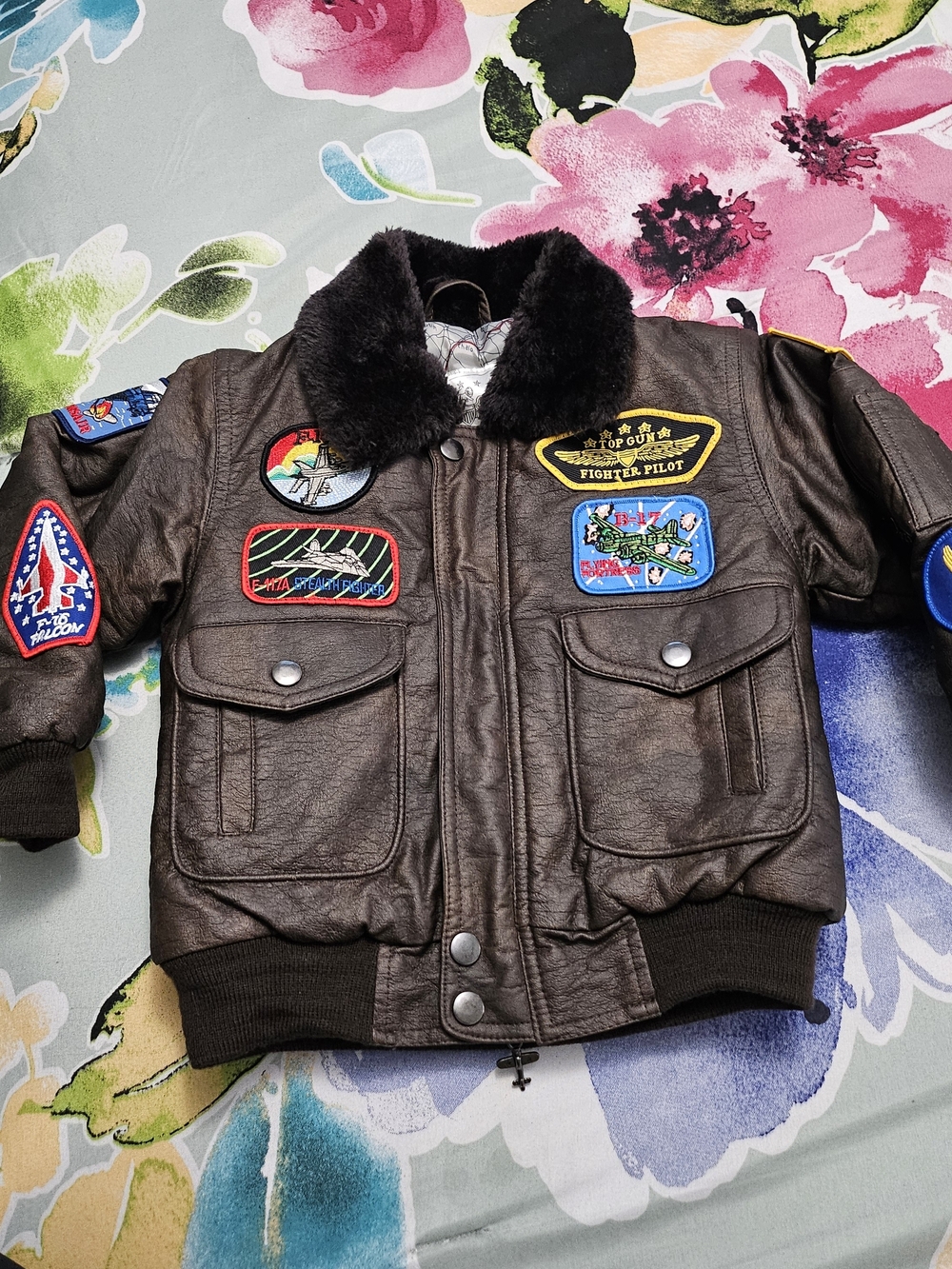 Kids' Brown Faux-Leather Fighter Pilot Patch Jacket with Faux Fur Colla Size 2-4